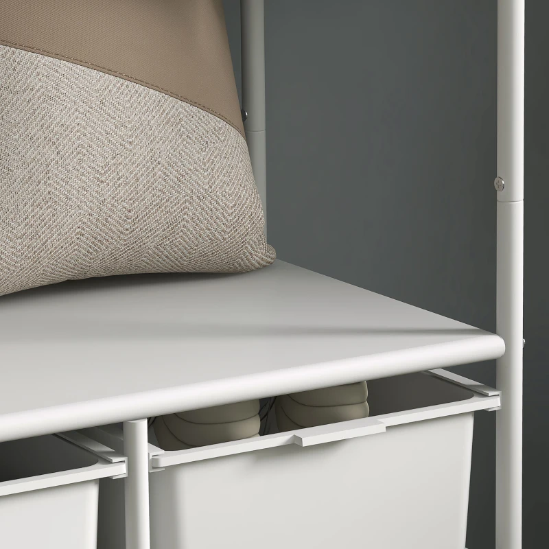 HOMCOM Charriot Moderno 8 Ganchos e 4 Cestos para Armazenamento Charriot com Rodas e Estrutura de Aço 63x37x153 cm Branco
