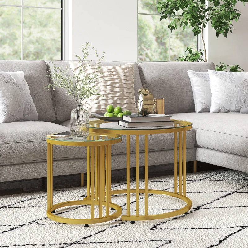 HOMCOM Round Coffee Tables Set of 2, Nesting Tables with Tempered Glass Top and Steel Frame, 60cmx60cmx47cm, Gold Tone