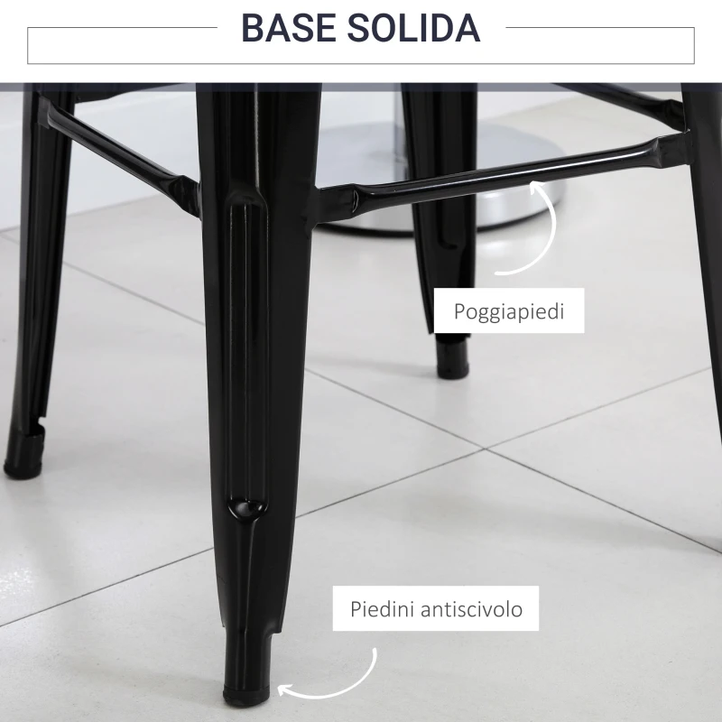 HOMCOM Set 4 Sgabelli da Bar in Metallo con Poggiapiedi per Interni ed Esterni, 43x43x76 cm, Nero