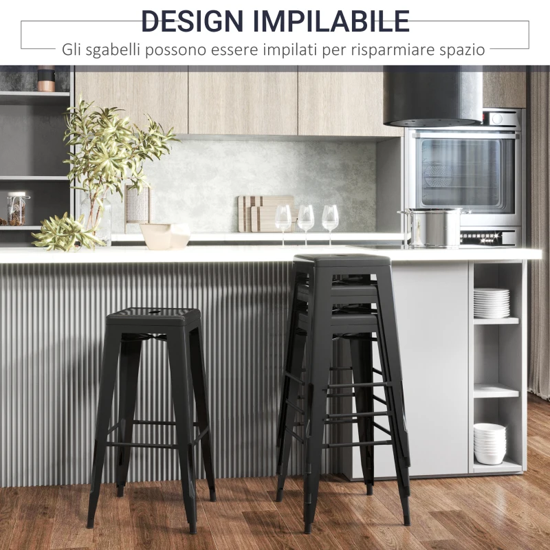 HOMCOM Set 4 Sgabelli da Bar in Metallo con Poggiapiedi per Interni ed Esterni, 43x43x76 cm, Nero