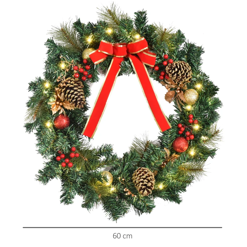HOMCOM 60cm Pre Lit Artificial Christmas Door Wreath Holly LED Decor Pine Cones Hanging Glittered Festival Decoration
