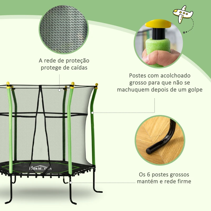 HOMCOM Trampolim para Crianças com Superfície de Salto Ø120 cm Rede de Segurança e Estrutura de Aço Carga 50kg Ø163,5x163,5 cm Verde