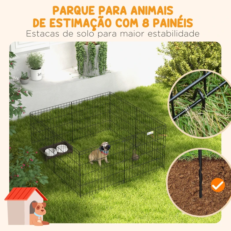 PawHut Parque para Cães 8 Painéis 61x61cm Dobráveis Gaiola Metálica para Animais de Estimação com Porta e Dupla Fechadura Preto