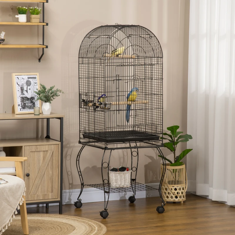 PawHut Gaiola para Pássaros com Suporte e Rodas Bandeja Amovível e 2 Tigelas para Papagaios Piriquito 51x51x153 cm  Preto