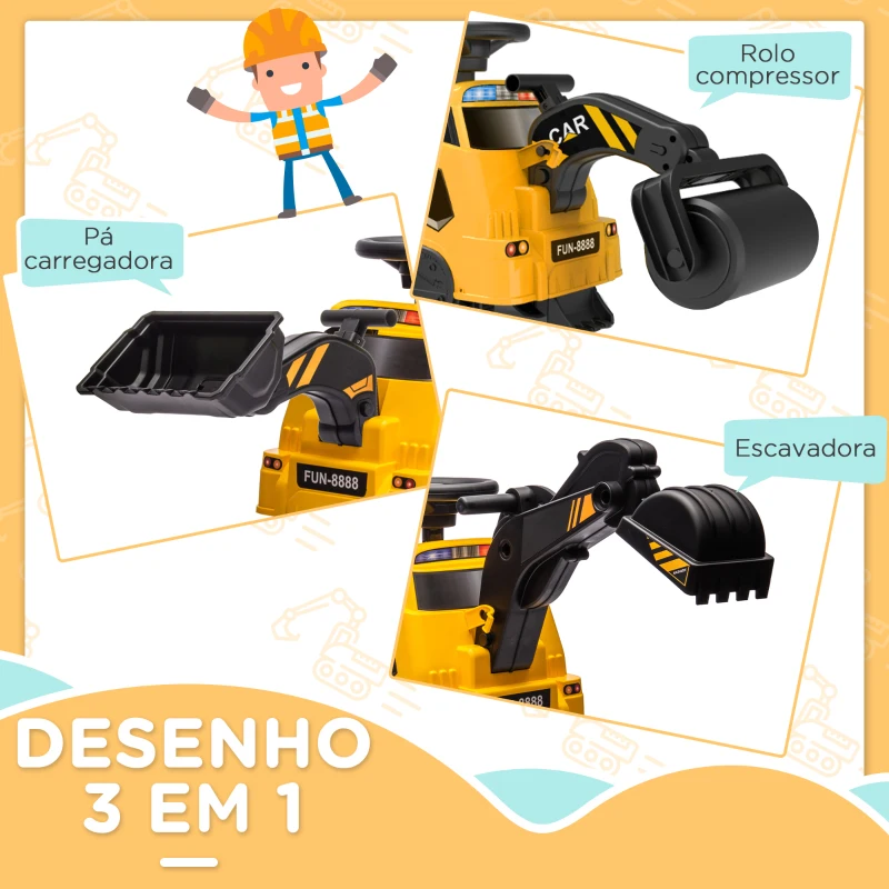 HOMCOM Escavadora Elétrica para Crianças Veículo Infantil 3 em 1 com Bateria 6V Pá e Rolo Compressor 100x43x48,5 cm Preto e Amarelo