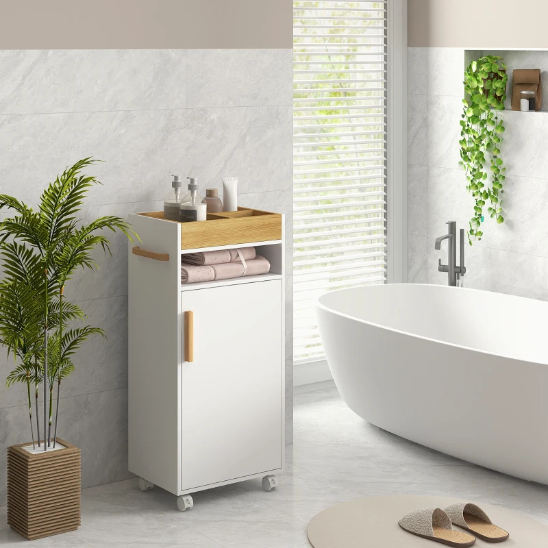 kleankin Armário Casa de Banho Moderno com Prateleiras Ajustáveis Armário Bandeja Amovível e Rodas 40x30x88 cm Branco e Carvalho