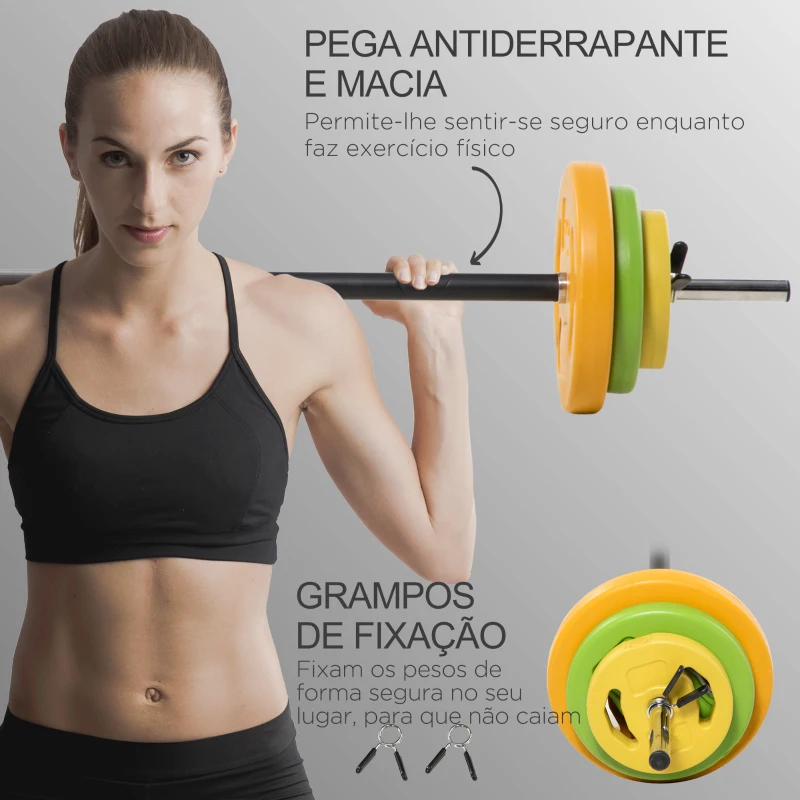 HOMCOM Conjunto de Barra de Pesos Conjunto de Musculação com 6 Discos 1,5kg 2,5kg 5 kg Intercambiáveis 130x28x28 cm Multicor