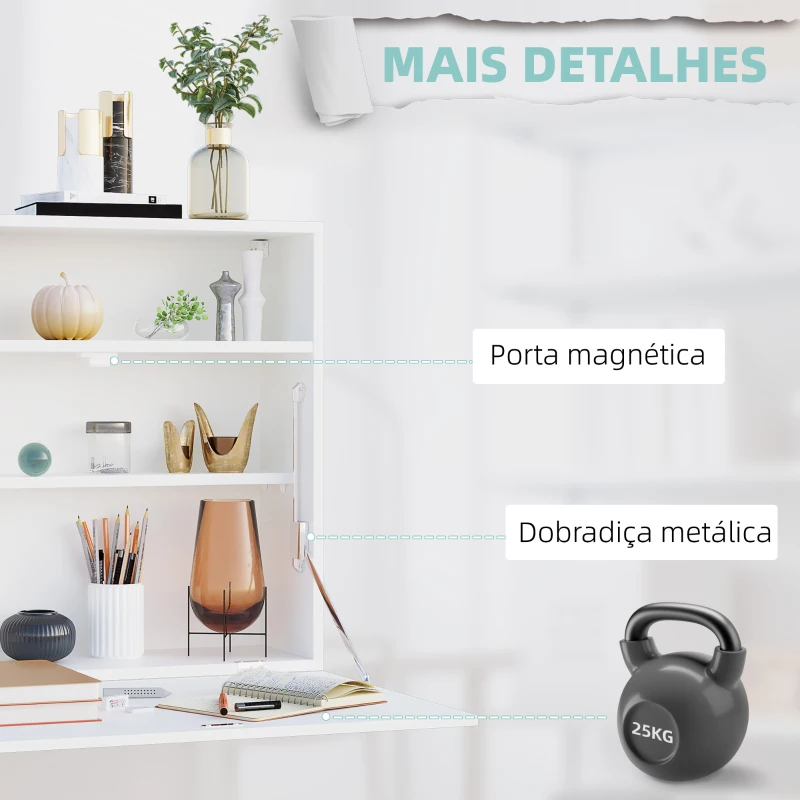 HOMCOM Secretária de Parede Moderna Dobrável Multifuncional com Prateleiras de Armazenamento Carga 40 kg 64x20x60 cm Branco