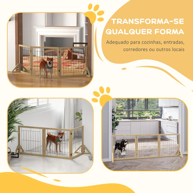 PawHut Barreira para Cães de Madeira Dobrável com 3 Painéis e Pés de Apoio Triangulares 210x44x70 cm Madeira