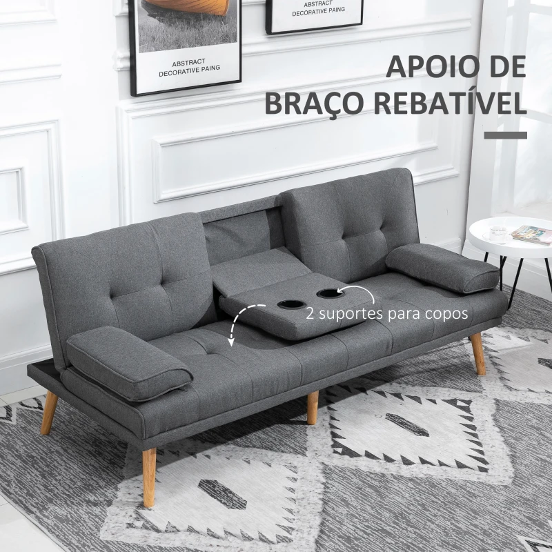 HOMCOM Sofá Cama 3 Lugares com Encosto Ajustável Apoio para os Braços Desmontável e 2 Suportes para Copos 181x77x78 cm Cinza