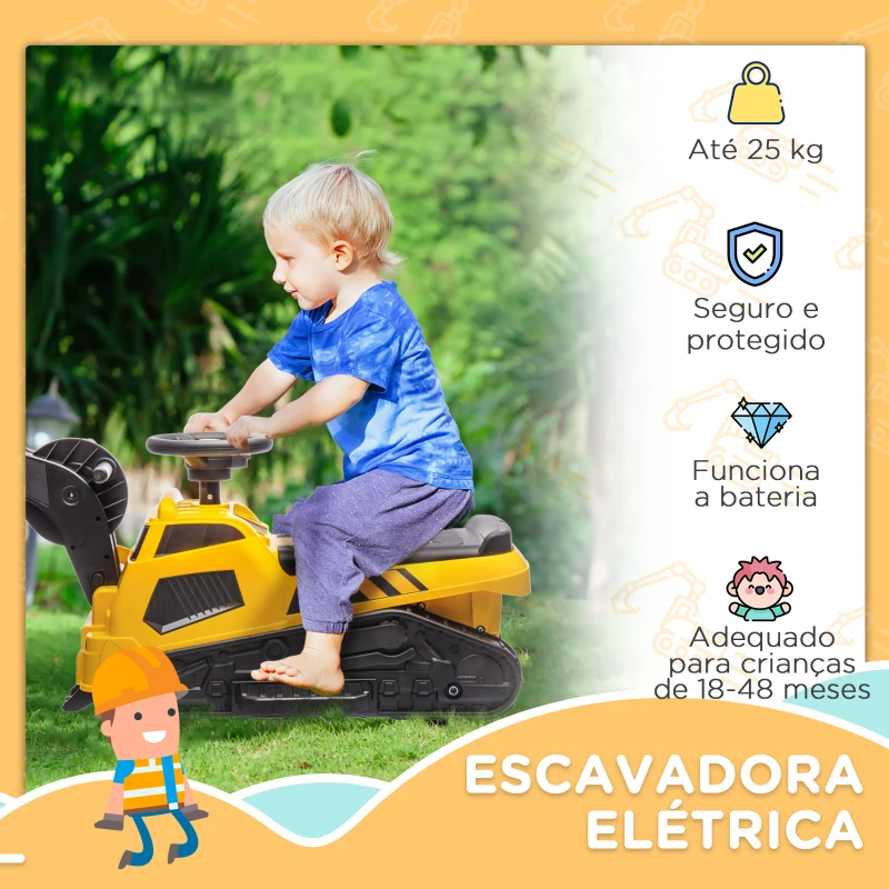 HOMCOM Escavadora Elétrica para Crianças Veículo Infantil 3 em 1 com Bateria 6V Pá e Rolo Compressor 100x43x48,5 cm Preto e Amarelo