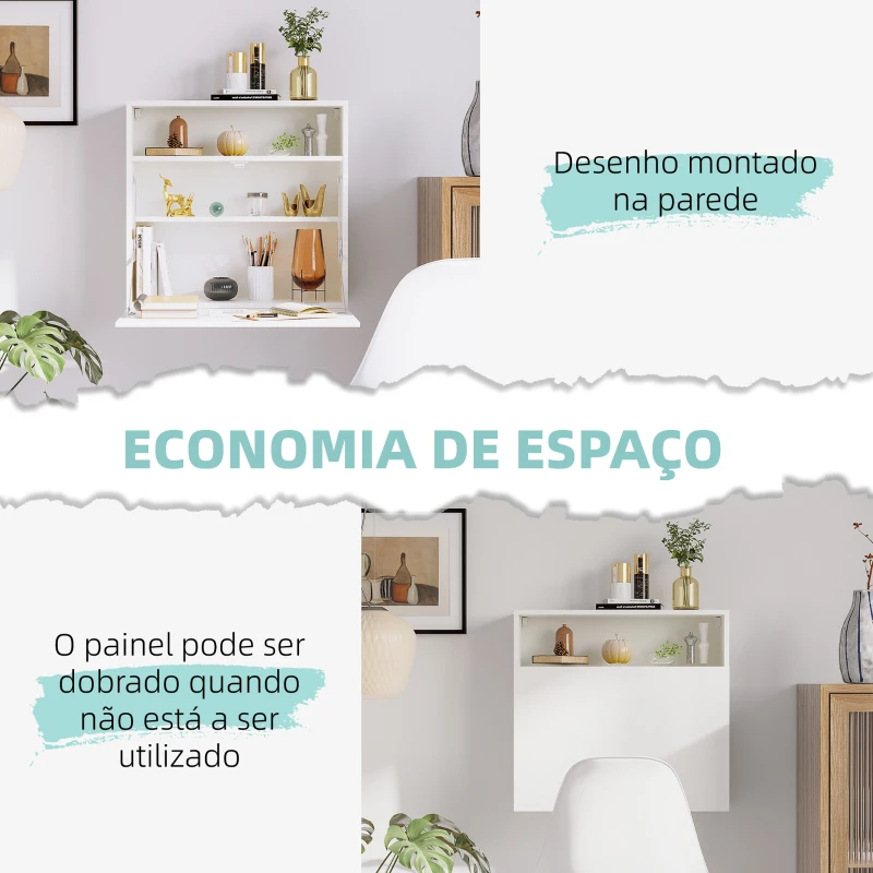 HOMCOM Secretária de Parede Moderna Dobrável Multifuncional com Prateleiras de Armazenamento Carga 40 kg 64x20x60 cm Branco