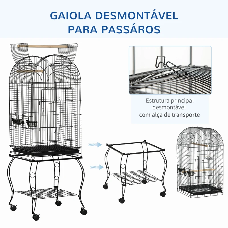PawHut Gaiola para Pássaros com Suporte e Rodas Bandeja Amovível e 2 Tigelas para Papagaios Piriquito 51x51x153 cm  Preto