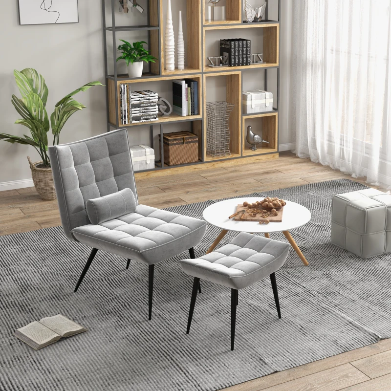 HOMCOM Accent Chair with Footstool Set, Tufted Upholstered Armless Lounge Chair with Pillow and Steel Legs for Living Room, Bedroom, Grey