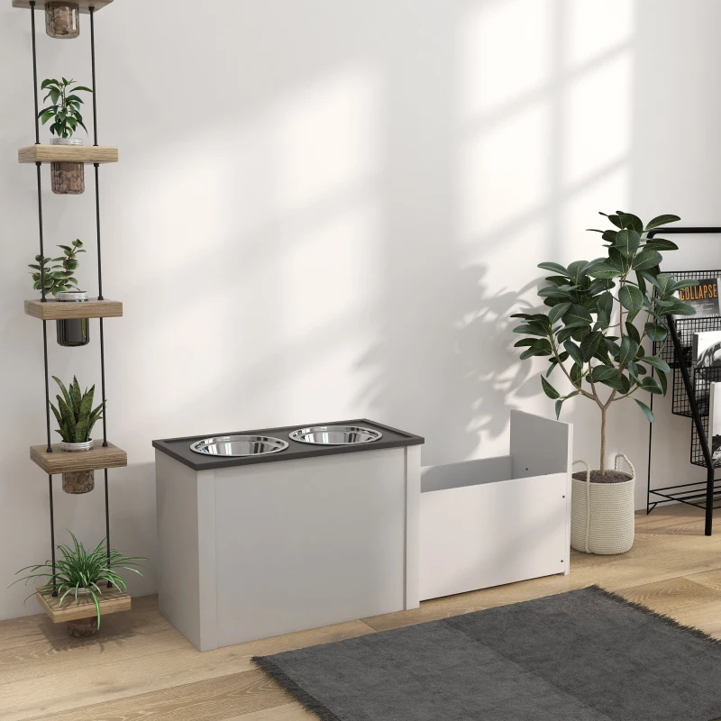 PawHut Feeding Station Raised Feeding Bowls 1 Storage Compartment 2 Stainless Steel Food Bowls, 60 x 30 x 42cm, White + Gray