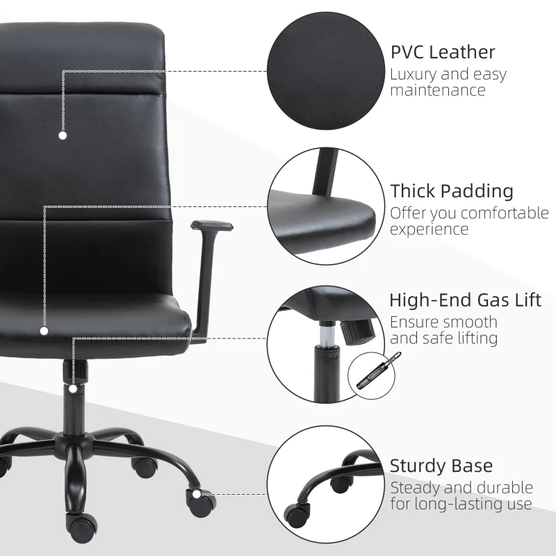 Vinsetto High Back Desk Chair, Black Leather Desk Chair with Adjustable Height, Armrests, Swivel Wheels