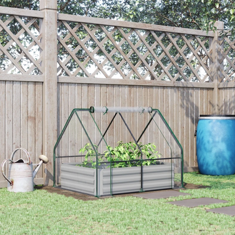 Outsunny Raised Garden Bed with Greenhouse, Steel Planter Box with Plastic Cover, Roll Up Window, Dual Use for Flowers, Vegetables, Fruits and Herbs, 127L x 95W x 92H cm, Clear