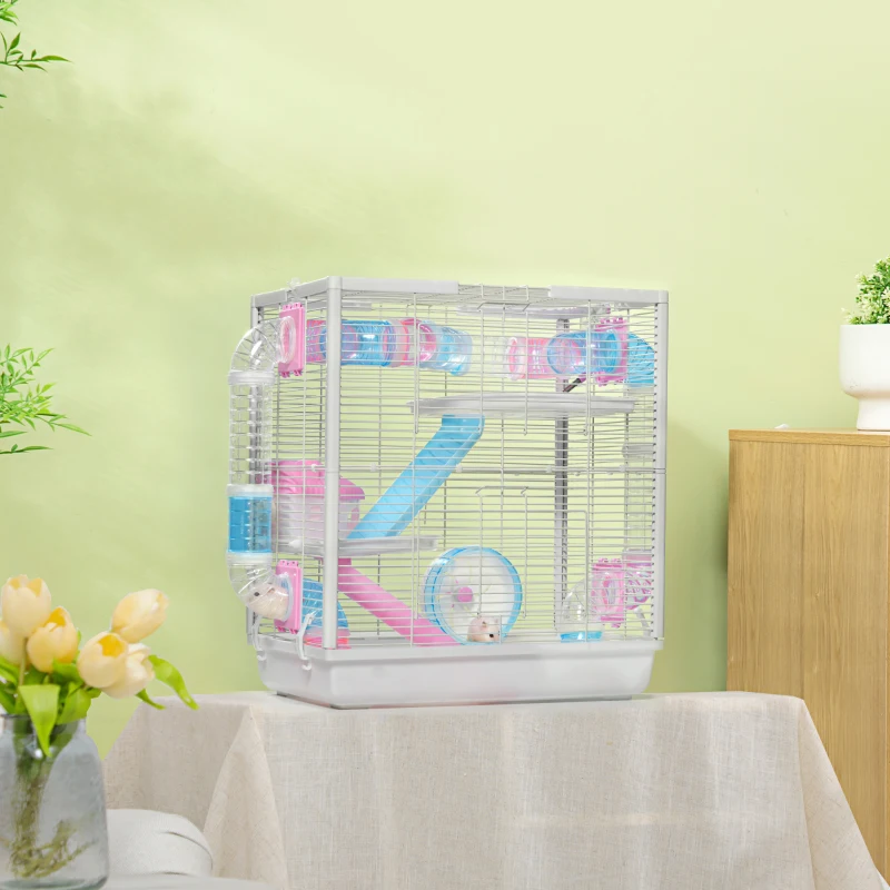 PawHut Hamster Cage for Small Rodents, with Tunnel Tube, Exercise Wheel