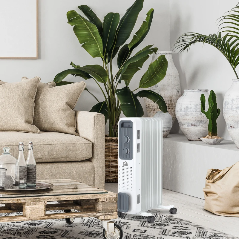 HOMCOM 1630W Oil Filed Radiator with Timer w/ Three Modes Adjustable Thermostat Safety switch, White