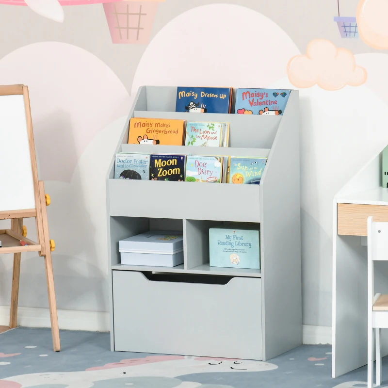HOMCOM Kids Bookshelf, Toy Organiser, with Storage Drawer, Wheels - Grey