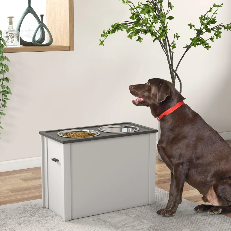 PawHut Feeding Station Raised Feeding Bowls 1 Storage Compartment 2 Stainless Steel Food Bowls, 60 x 30 x 42cm, White + Gray
