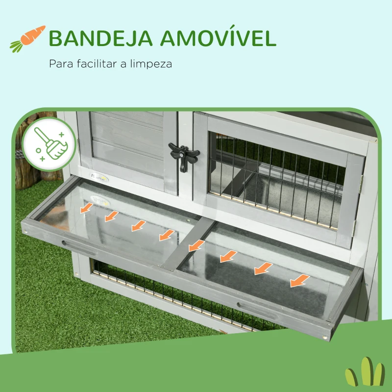 PawHut Coelheira Exterior de Madeira 150x52x68 cm Gaiola para 1-2 Coelhos com Teto Asfáltico Abatível Bandeja Amovível e Rampa Cinza