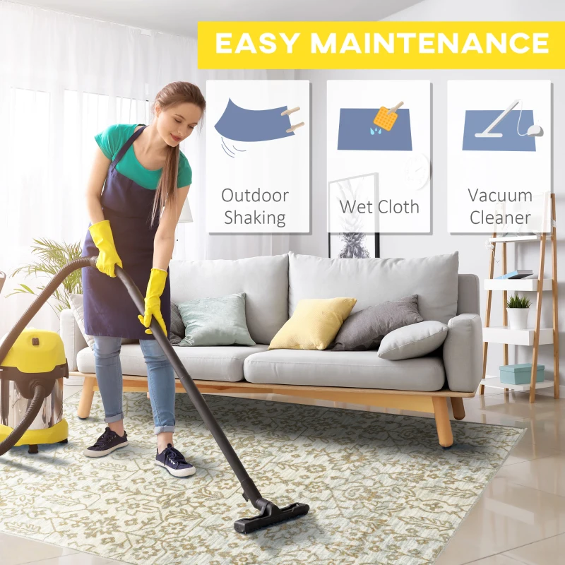 HOMCOM Floral Boho Area Rug, Carpet Cream and Green Rug for Living Room, Bedroom, Dining Room, 150 x 80cm