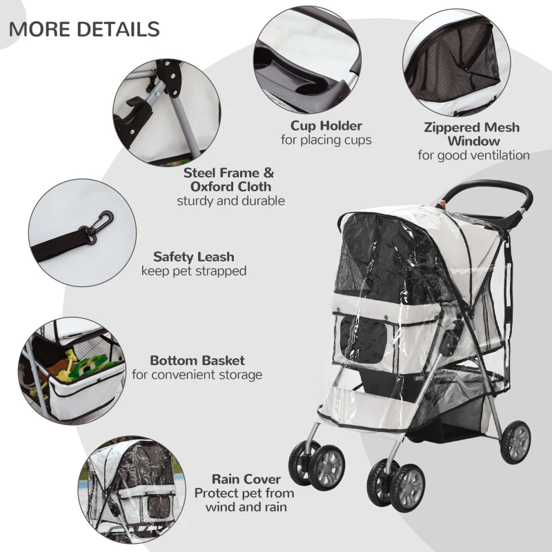 PawHut IE Located Pet Stroller for Small Miniature Dogs, Cats, Foldable Travel Carriage with Wheels Zipper Entry, Cup Holder, Storage Basket - Grey