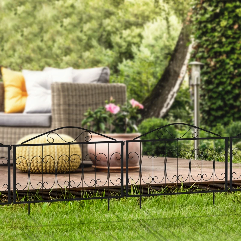 Outsunny Decorative Garden Fencing, 4PCs Outdoor Picket Fence Panels, Rustproof Metal Wire Landscape Flower Bed Border Edging Animal Barrier, Black
