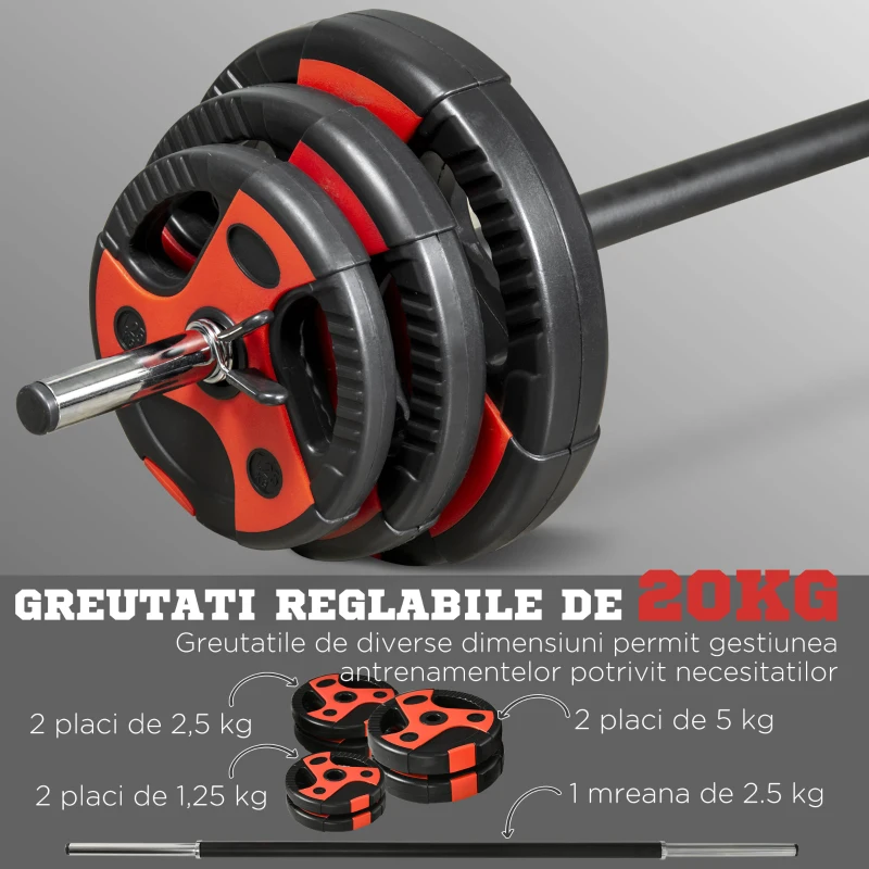 SPORTNOW Set de bare si placi de greutati de 20 kg cu maner antiderapant din PU, Ø17x140 cm, negru si rosu