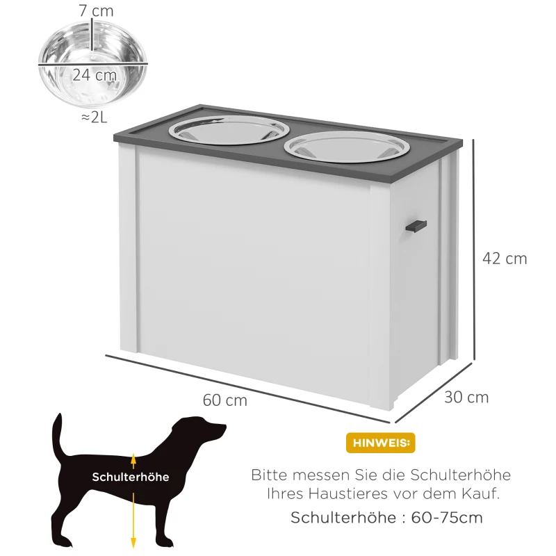 PawHut Feeding Station Raised Feeding Bowls 1 Storage Compartment 2 Stainless Steel Food Bowls, 60 x 30 x 42cm, White + Gray