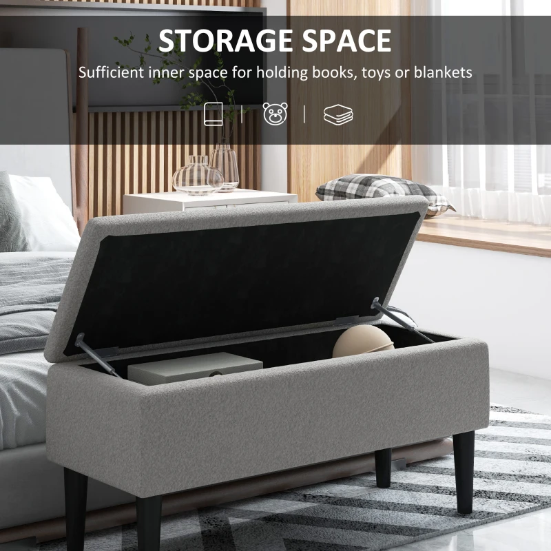 HOMCOM 47L Foldable Storage Ottoman, End of Bed Bench with Wooden Legs, Fabric Footstool for Living Room, Bedroom, 95 x 38 x 45cm, Grey