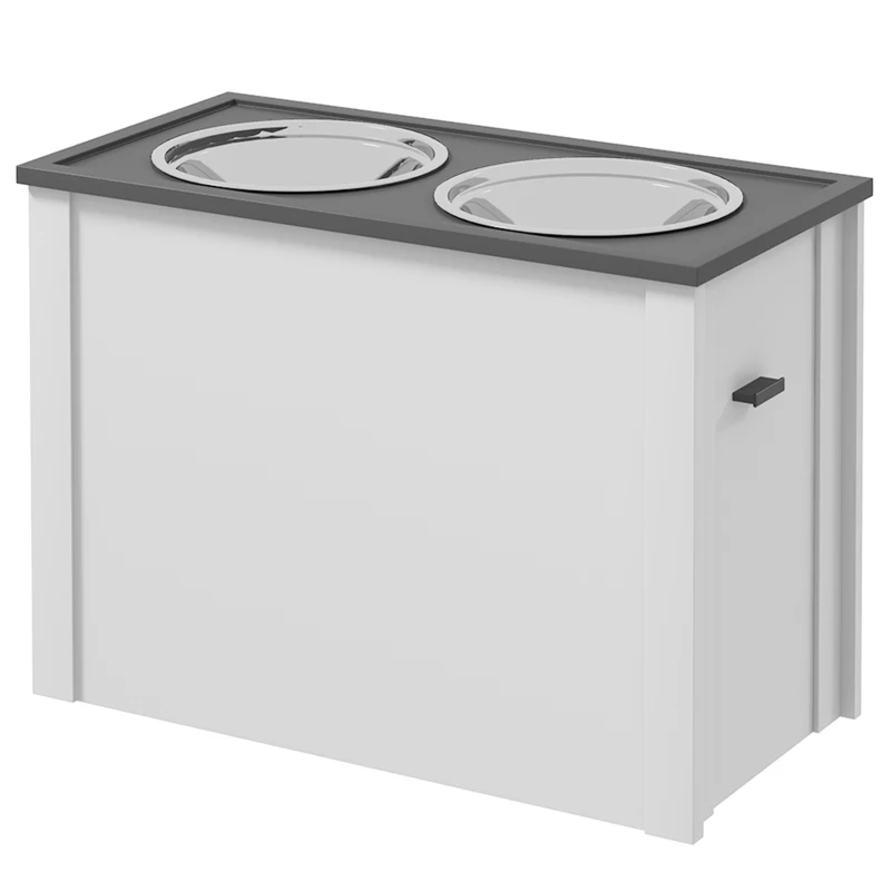 PawHut Feeding Station Raised Feeding Bowls 1 Storage Compartment 2 Stainless Steel Food Bowls, 60 x 30 x 42cm, White + Gray