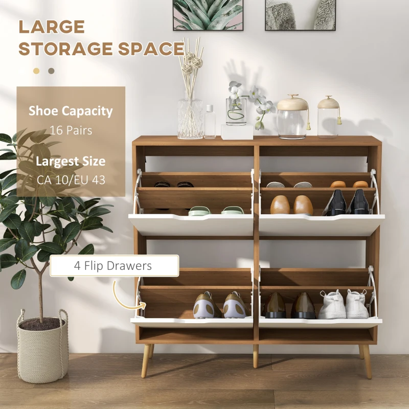 HOMCOM Shoe Storage Cabinet, 4 Flip Drawers, Shoe Organizer for 16 Pairs of Shoes, Natural