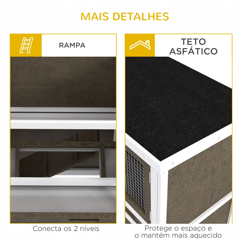 PawHut Coelheira de Madeira de 2 Pisos com Teto Asfáltico Bandejas Amovíveis e Rampa para 2 Coelhos 97x44x91 cm Marrom
