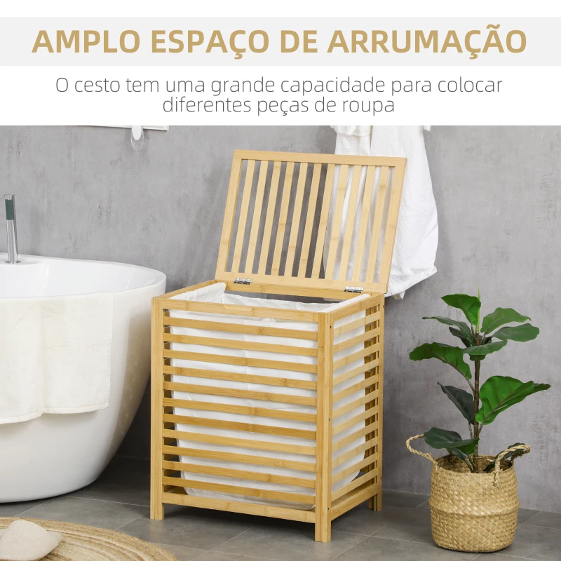 HOMCOM Cesto de Roupa de Bambu Cesto Roupa Suja Capacidade 55L com Bolsa Amovível Forma Retangular 50x36x60 cm Madeira