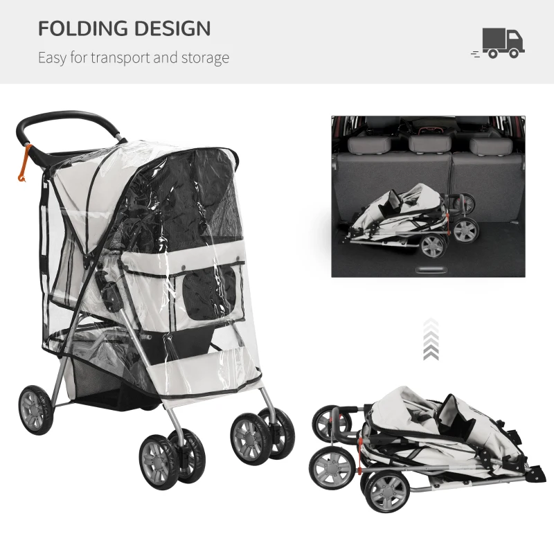 PawHut IE Located Pet Stroller for Small Miniature Dogs, Cats, Foldable Travel Carriage with Wheels Zipper Entry, Cup Holder, Storage Basket - Grey