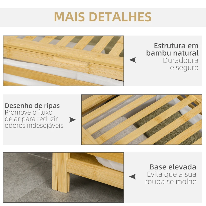 HOMCOM Cesto de Roupa de Bambu Cesto Roupa Suja Capacidade 55L com Bolsa Amovível Forma Retangular 50x36x60 cm Madeira