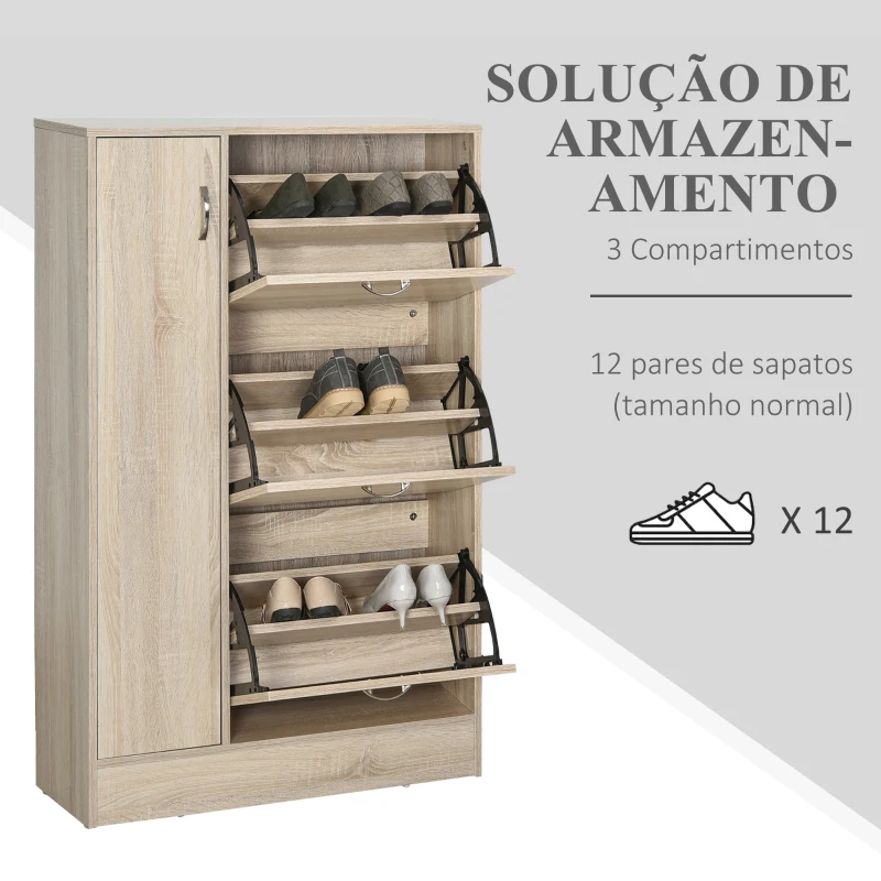 HOMCOM Sapateira com 3 Portas para até 12 Pares de Sapatos com Prateleira Ajustável em até 2 Níveis 79x26x120cm Madeira