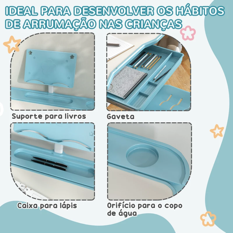 ZONEKIZ Conjunto de Secretária e Cadeira para Crianças com Altura Ajustável e Ângulo da Mesa Ajustável 80x49,5x82-104 cm Azul