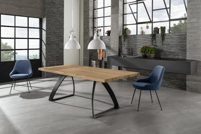 STONES Tavolo con top in truciolare di pioppo impiallacciato e bordo massellato, gambe in metallo, 100x200x76cm, rovere, nero