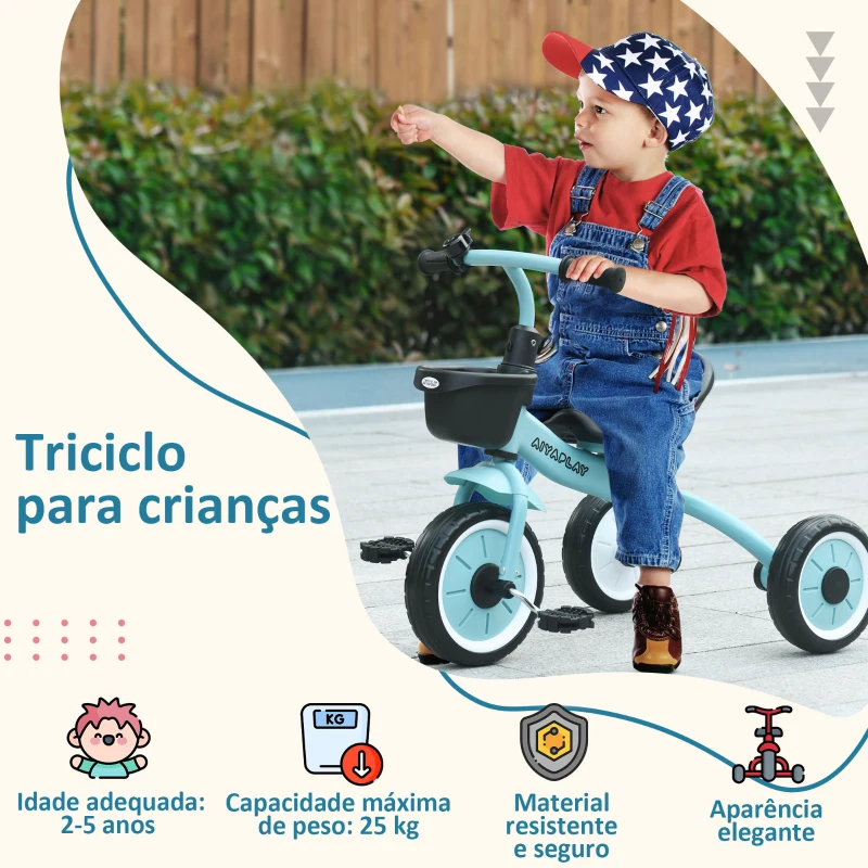 AIYAPLAY Triciclo para Crianças de 2 a 5 anos com Assento Ajustável Cesta Buzina e Pedais e 3 Rodas 70,5x53x58 cm Azul