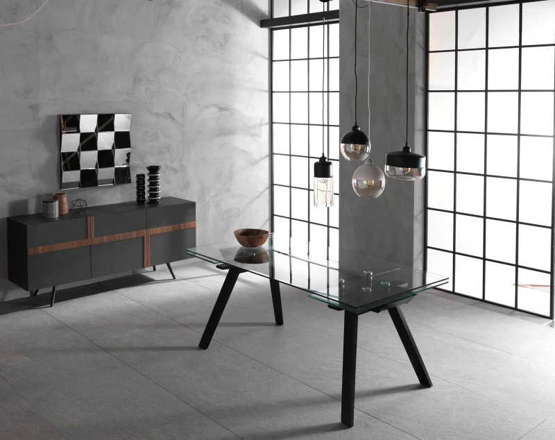 STONES Tavolo allungabile con top e allunghe in vetro temperato, gambe in legno impiallacciato, 90x180/260x76cm, trasparente, nero