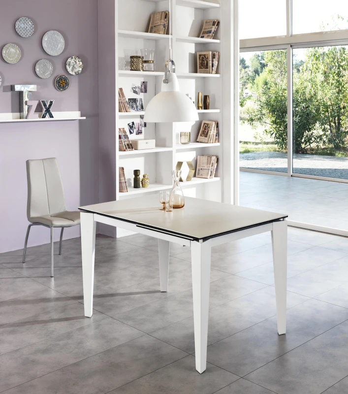 STONES Tavolo allungabile con top e allunghe in ceramica su vetro temperato, gambe in metallo verniciato, 80x120/170x76cm, ceramica bianca, bianco