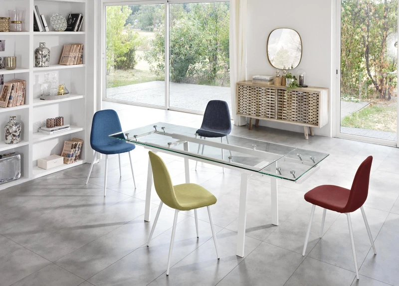 STONES Tavolo allungabile con top e allunghe in vetro temperato e gambe in metallo verniciato, 80x140/200x76cm, trasparente, bianco
