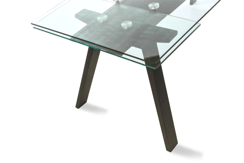 STONES Tavolo allungabile con top e allunghe in vetro temperato, gambe in legno impiallacciato, 90x180/260x76cm, trasparente, nero