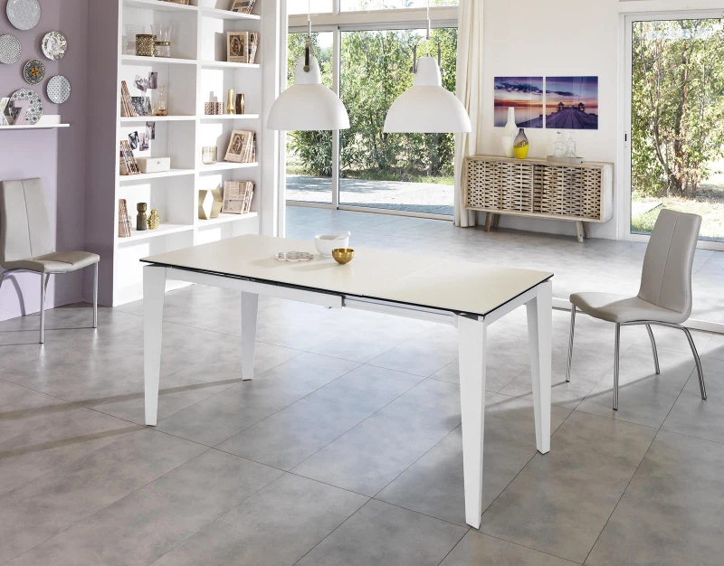 STONES Tavolo allungabile con top e allunghe in ceramica su vetro temperato, gambe in metallo verniciato, 80x120/170x76cm, ceramica bianca, bianco