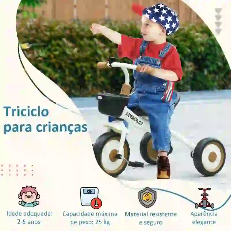 AIYAPLAY Triciclo para Crianças de 2 a 5 anos com Assento Ajustável Cesta Buzina e Pedais e 3 Rodas 70,5x53x58 cm Bege