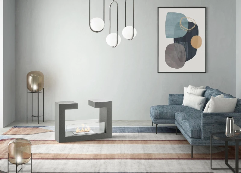 STONES Camino a Bioetanolo da terra con Bruciatore da 1,5L e Pannello in Vetro, 25x78x58cm, Grigio Goffrato