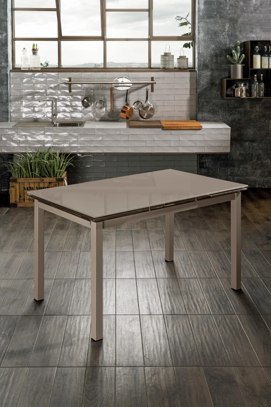 STONES Tavolo Allungabile con Top in Vetro Temperato e Gambe in Metallo, 80x130/200x75 cm, Cappuccino